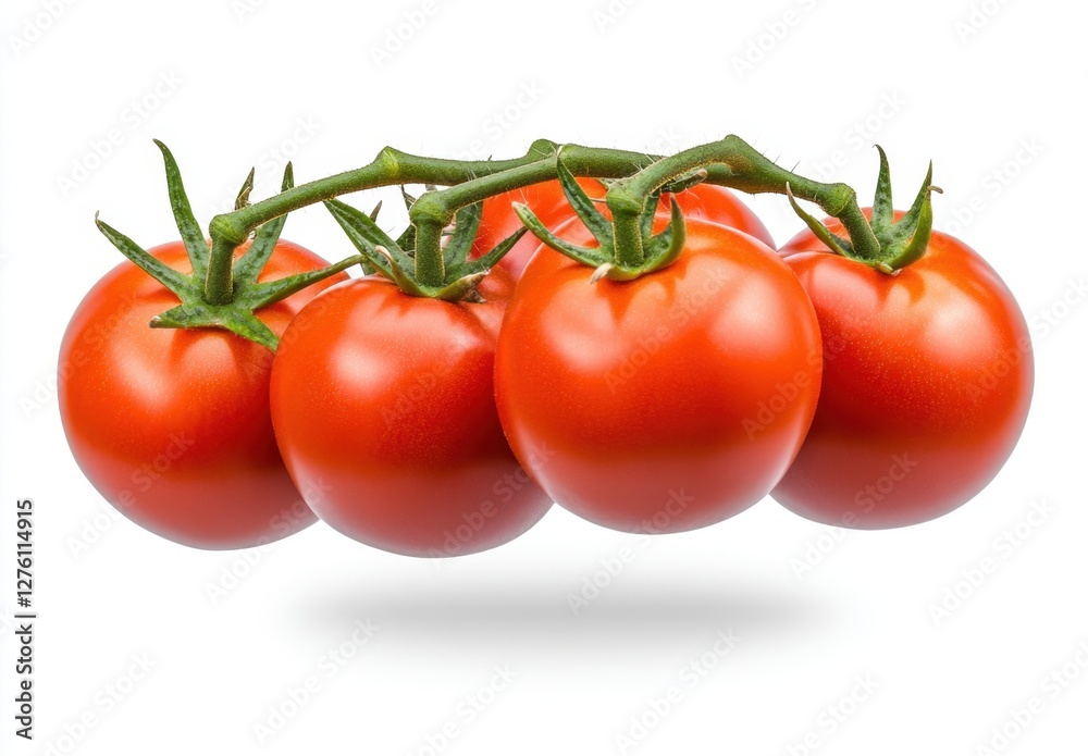 Four ripe red tomatoes on the vine against a plain white background. Vibrant colors and a healthy appearance. Close up studio shot Four ripe red tomatoes on the vine against a plain white background. Vibrant colors and a healthy appearance. Close up studio shot