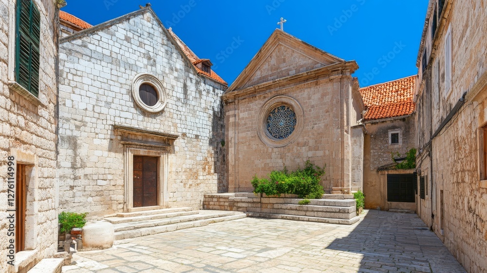 Fototapeta premium Panoramic View of Historic Church in Old Town with Classic Architecture and Scenic Urban Landscape, Traditional Religious Landmark with Vintage European Style