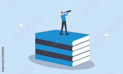 Business skills for career opportunity, businessman climb up ladder on books stack for good vision, knowledge or education for future job, challenge and personal improvement, reading list concept.