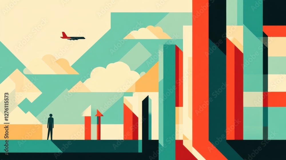 Abstract Geometric Landscape with Teal Sky Cream Clouds and a Red Plane Abstract Geometric Landscape with Teal Sky Cream Clouds and a Red Plane