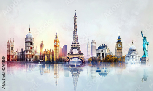 Famous Global Landmarks Skyline Collage with Reflection