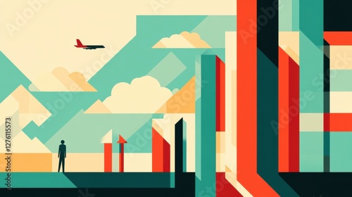Abstract Geometric Landscape with Teal Sky Cream Clouds and a Red Plane