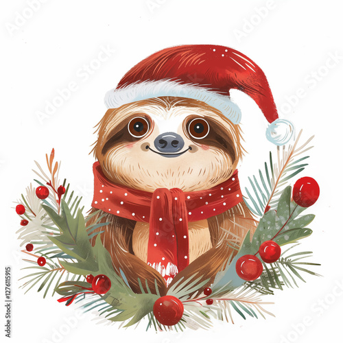 Christmas cute sloth looking through holiday wreath. Ai generated