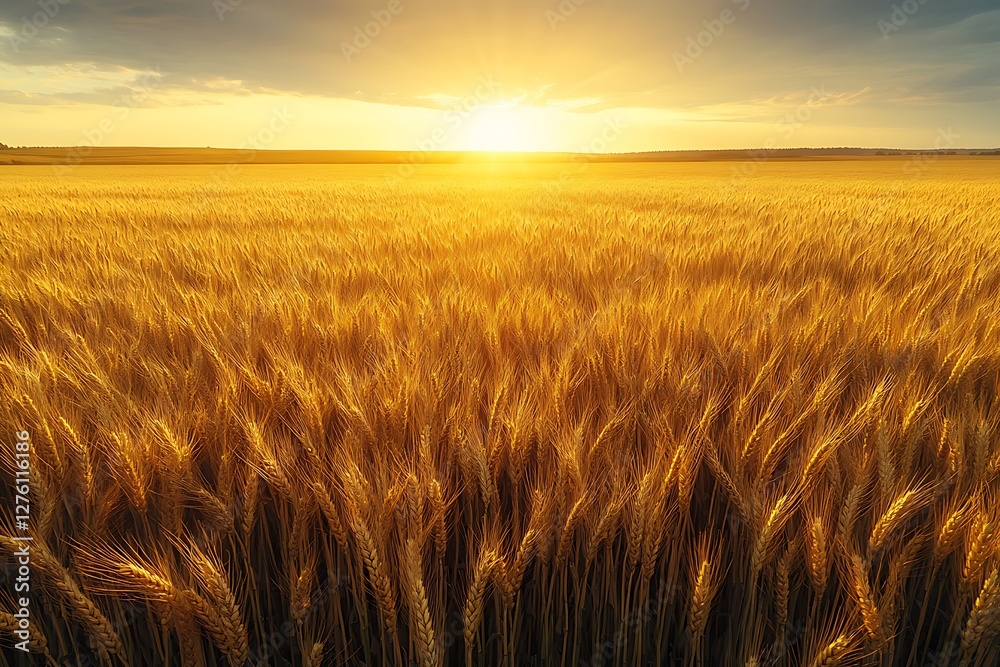 Obraz premium golden wheat field, blue sky, sunny scene 