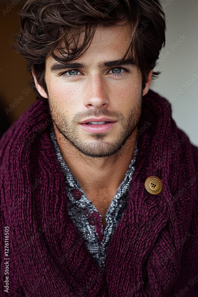 Handsome man with a stylish sweater posing indoors in a cozy setting during daytime Handsome man with a stylish sweater posing indoors in a cozy setting during daytime