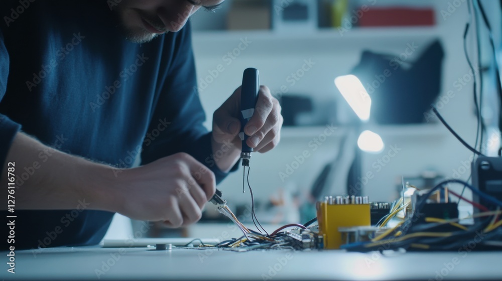 Fototapeta premium Damaged cables being repaired by a technician in a minimalist office space. Featuring precision repair and electrical troubleshooting