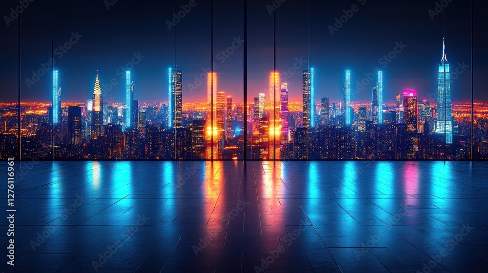 Fototapeta premium Night city skyline view, office, neon, reflection