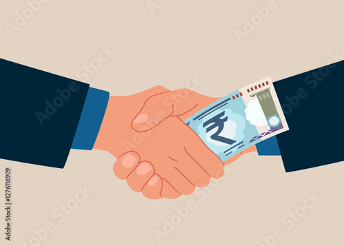 Corruption with shaking hands and transmitting banknote money rupee. Business deal, agreement, contract. Flat vector illustration