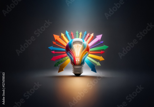 A vibrant lightbulb emits radiant arrows in various colors, representing bright ideas spreading in multiple directions, symbolizing innovation and creative solutions.