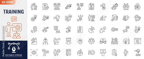 Training line icon set. Editable stroke. Containing as learning, development, workshop, coach, mentor and more. Vector illustration.