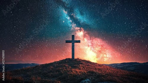 Cross on a hill against the background of the night starry sky. Silhouette of a cross against the background of the night sky with stars.