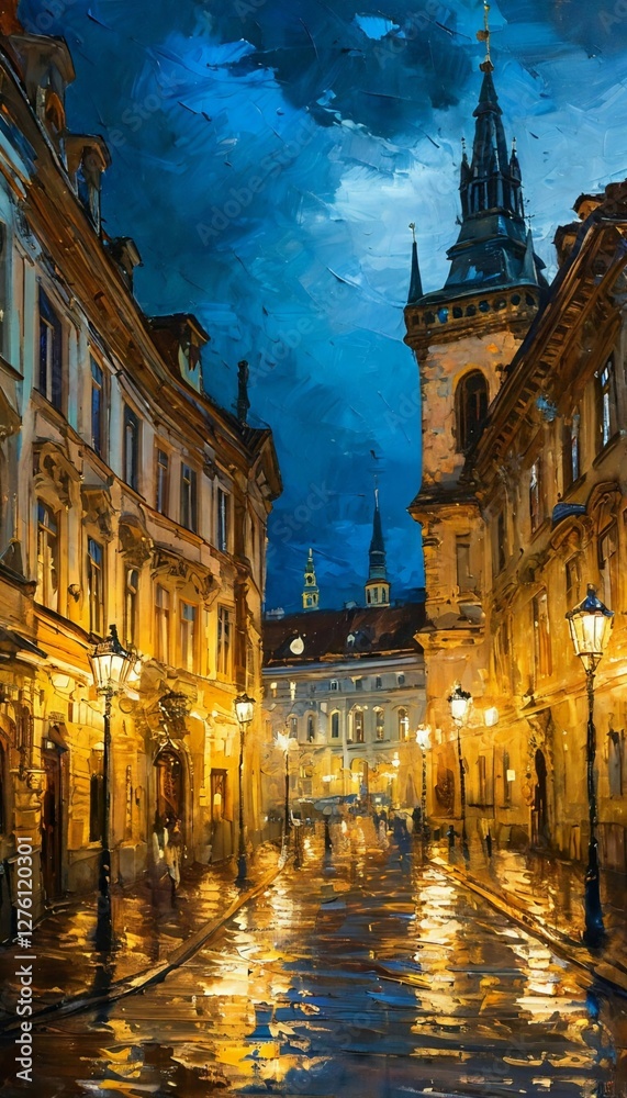 Streets of old Prague. Rain, reflections of lanterns. Moon behind clouds. Oil painting. Palette knife. Streets of old Prague. Rain, reflections of lanterns. Moon behind clouds. Oil painting. Palette knife.