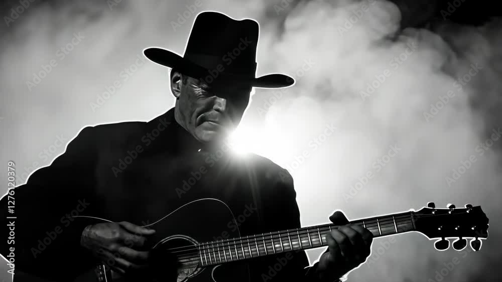 Musician performs passionately with guitar under dramatic lighting at evening concert
