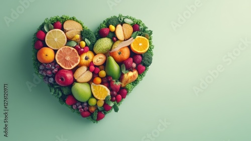 Fruits Arranged in Heart Shape on Light Green Background photo