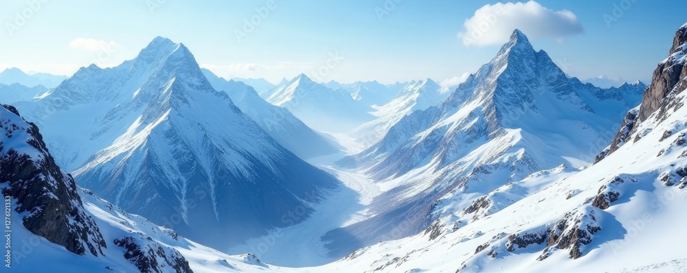 Obraz premium Frosty mountain peaks descend into valleys of snow and ice, Frozen Terrain, Snow