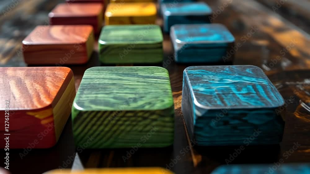 Colorful wooden blocks arranged on a rustic table, showcasing vibrant hues Colorful wooden blocks arranged on a rustic table, showcasing vibrant hues