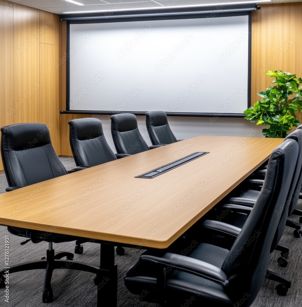 Fototapeta premium A modern conference room features a large projection screen, a light wood table, and comfortable black leather chairs. The neutral color palette and
