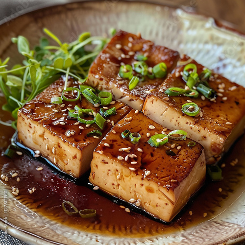 braised tofu on a plate, Generative AI