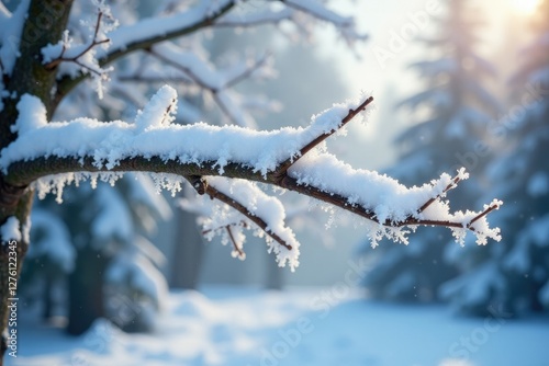 Frozen tree branches with snow accumulation in winter, frosty, snowflakes