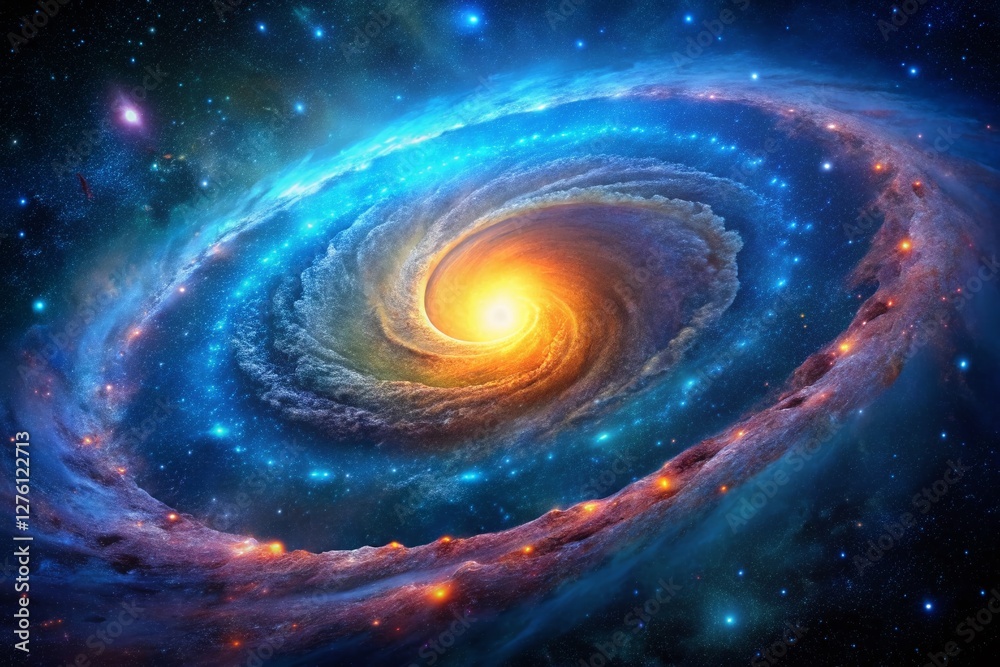 Cosmic Spiral Galaxy: Long Exposure Astrophotography of a Bright Core and Blue Nebulae Cosmic Spiral Galaxy: Long Exposure Astrophotography of a Bright Core and Blue Nebulae