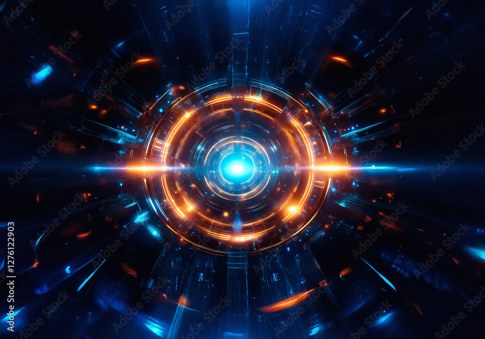 Fototapeta premium A vibrant abstract design featuring a central glowing orb emitting radiant blue and orange light. Circular patterns and tunnel perspective create a futuristic and dynamic visual.