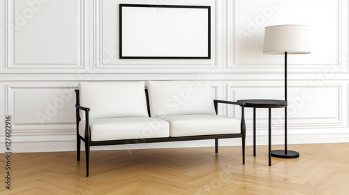 Modern minimalist living room interior design with white sofa  black metal frame  floor lamp  and blank frame on white paneled wall. Light and airy