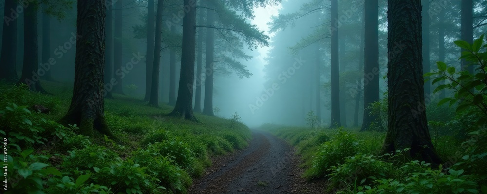 Obraz premium Misty forest trail with foggy atmosphere and raindrops, wilderness, trees