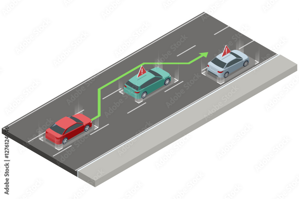 Fototapeta premium Isometric passenger vehicle passes another car on the highway. Illustration of the overtaking process on the road, highlighting traffic regulations and driving laws.
