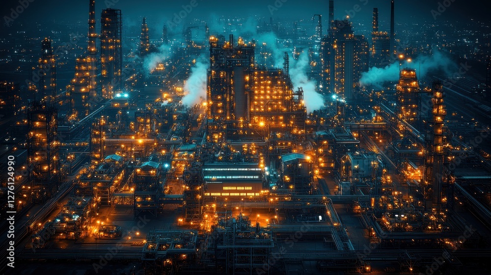 Fototapeta premium Night refinery aerial, urban pollution, industry
