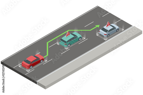 Isometric passenger vehicle passes another car on the highway. Illustration of the overtaking process on the road, highlighting traffic regulations and driving laws.
