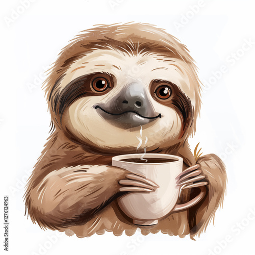 Funny image of cute sloth holding cup of coffee. Ai generated image