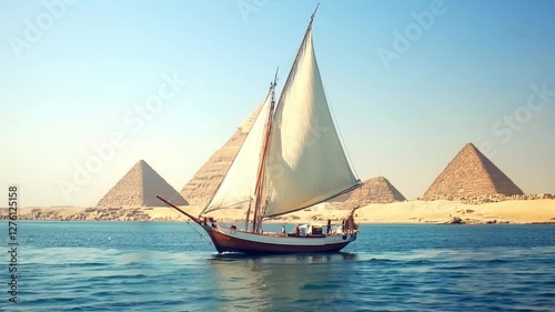 Traditional Wooden Sailboat On The Nile River With Giza Pyramids In Background