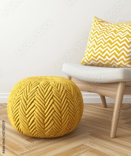 Mustard yellow knitted pouf ottoman sits on light wood floor next to a light wood chair with a mustard yellow and white chevron patterned throw