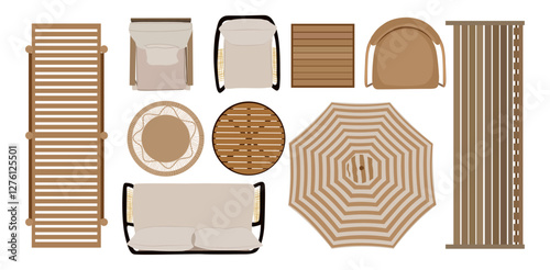 Top view of furniture icons for interior and landscape design plan. Sunbed, armchairs, table, terrace, patio, garden, porch zone. Vector realistic illustration isolated