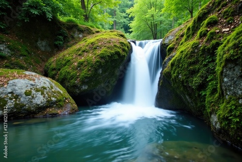 Moss and algae covered rocks in a Carpathian waterfall  natural  rock