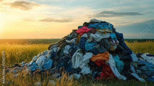 Pile of clothes in a field. A garment is repurposed to reuse and reuse clothing. Generative fashion with textiles and generative technology. A stack of garments in lifestyle a meadow.