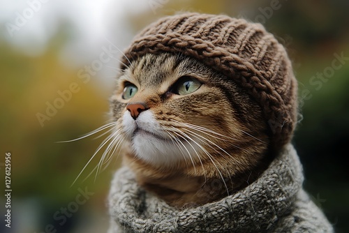 Wallpaper Mural Autumn Cat in Knitted Hat & Scarf Outdoors Torontodigital.ca