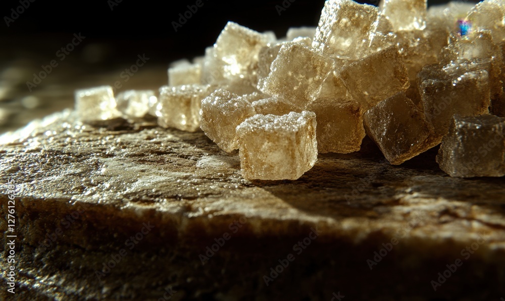 Close-up of crystalline sugar cubes scattered on a rustic wooden surface with soft lighting Close-up of crystalline sugar cubes scattered on a rustic wooden surface with soft lighting