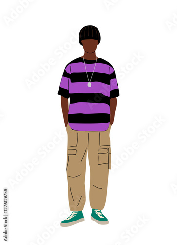 Stylish black guy wearing summer street fashion outfit. Handsome young african american man character standing in modern urban clothes. Vector realistic illustration isolated