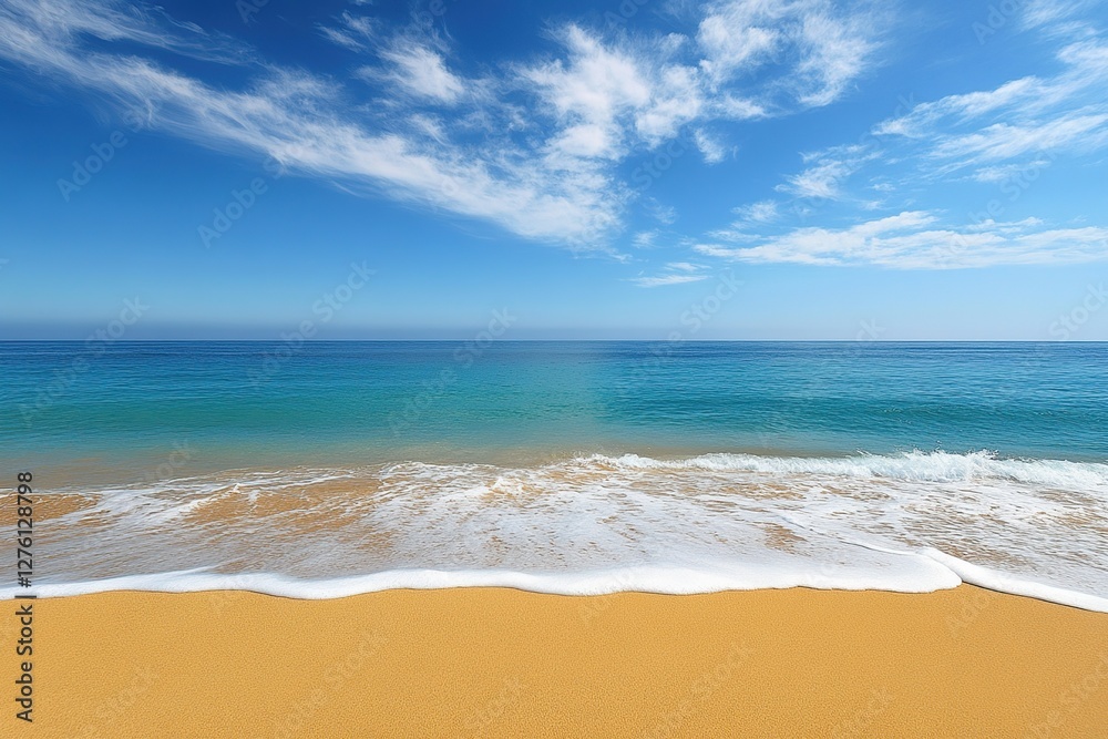 Ocean Waves Crashing on Sandy Beach Under a Blue Sky with Fluffy Clouds Ocean Waves Crashing on Sandy Beach Under a Blue Sky with Fluffy Clouds