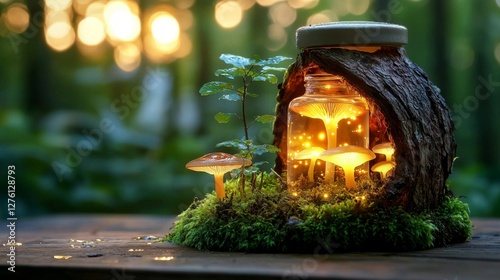 Enchanting Glowing Mushrooms in Forest Jar Nature Scene Interior Decor Magical Environment Close-Up Shot Whimsical Concept