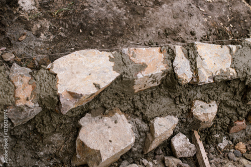 Close up of rock masonry and concrete, builder making edge for path in modern urban garden. Stone pathway in cottage garden. photo