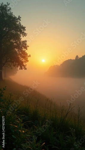 The sun's golden rays peek through the misty veil of morning fog, landscape, soft focus, sunlight