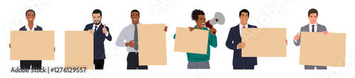 People holding blank advertising banners set. Happy characters showing ad offers, empty space for text on paper boards, placards in hands. Vector colorful illustrations Isolated 