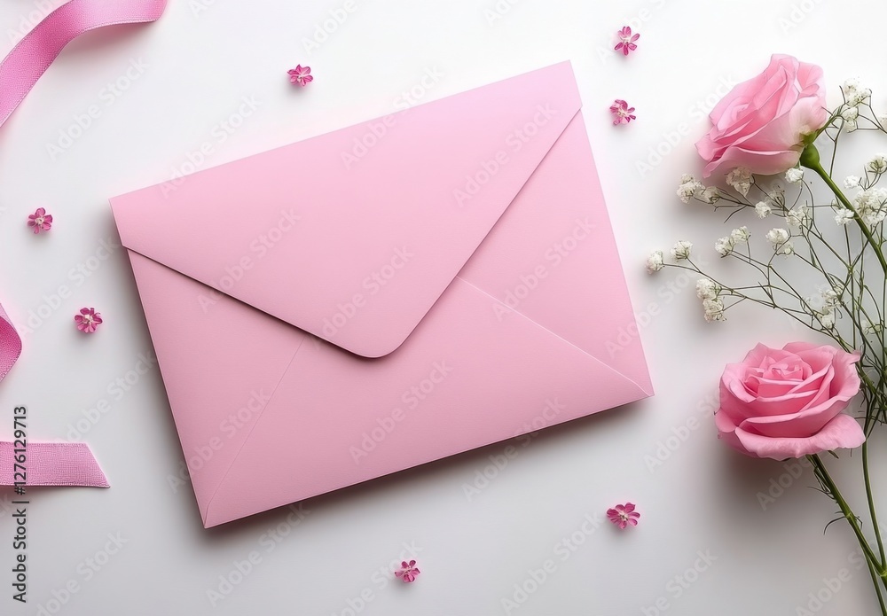Pink envelope with small pink flowers and ribbon on white background. Flat lay, top view. Romantic and delicate composition, perfect for Valentine's Pink envelope with small pink flowers and ribbon on white background. Flat lay, top view. Romantic and delicate composition, perfect for Valentine's