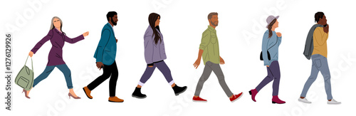 Silhouettes of Various people walking side view. Modern men and women in smart casual outfits with bags, phone, backpack. Vector black monochrome illustrations isolated