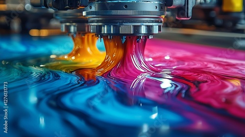 Close-up of colorful inks flowing onto printing surface during industrial printing process.