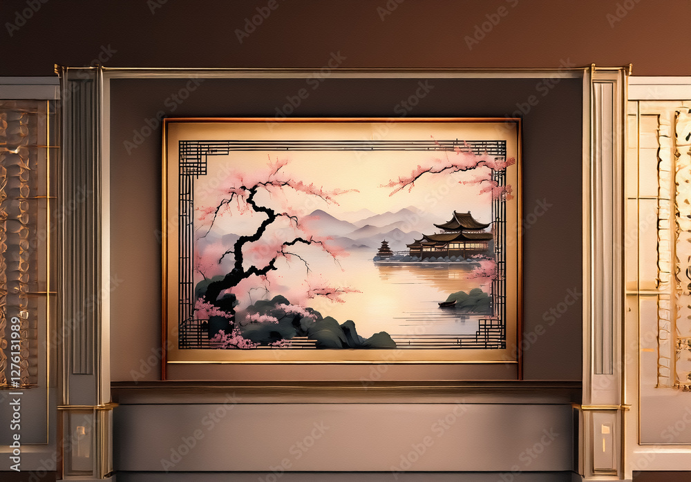 Fototapeta premium Asian-inspired painting features a pagoda by a serene lake, framed by blossoming cherry branches. Soft pastel hues depict mountains under a calm sky, displayed elegantly in a wall niche.
