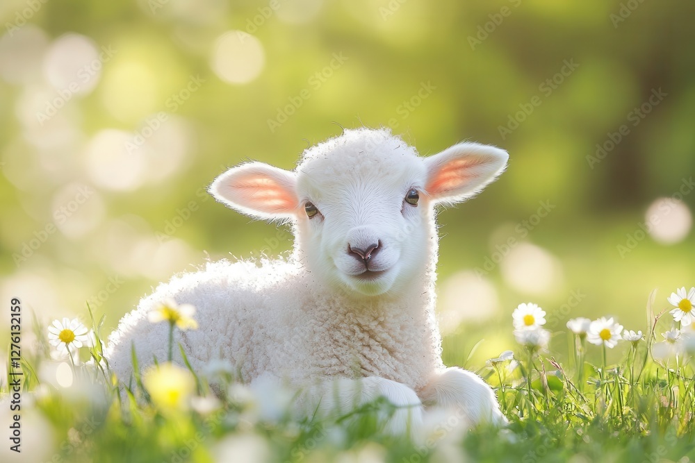adorable baby lamb with fluffy white wool sitting in a sunlit meadow with bokeh effect and spring flowers adorable baby lamb with fluffy white wool sitting in a sunlit meadow with bokeh effect and spring flowers