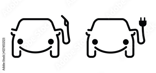 Filling gas station. Petrol pump or electric plug and happy smile face. Electrical cable plugs with pump. Electric vehicle plug charging station point. Battery cars station logo. ev-charger.